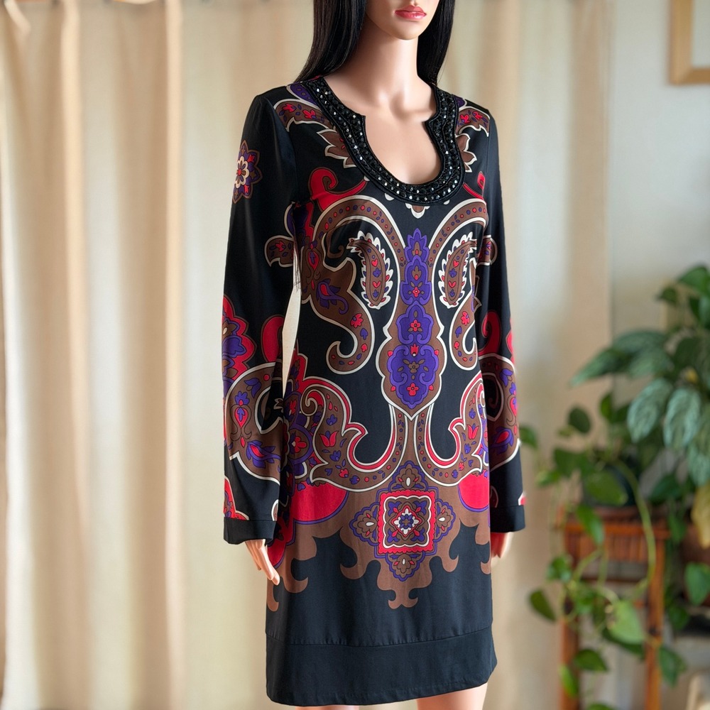 NWT INC Petite Paisley Beaded Shift Dress S Black Red Purple Psychedelic Mod